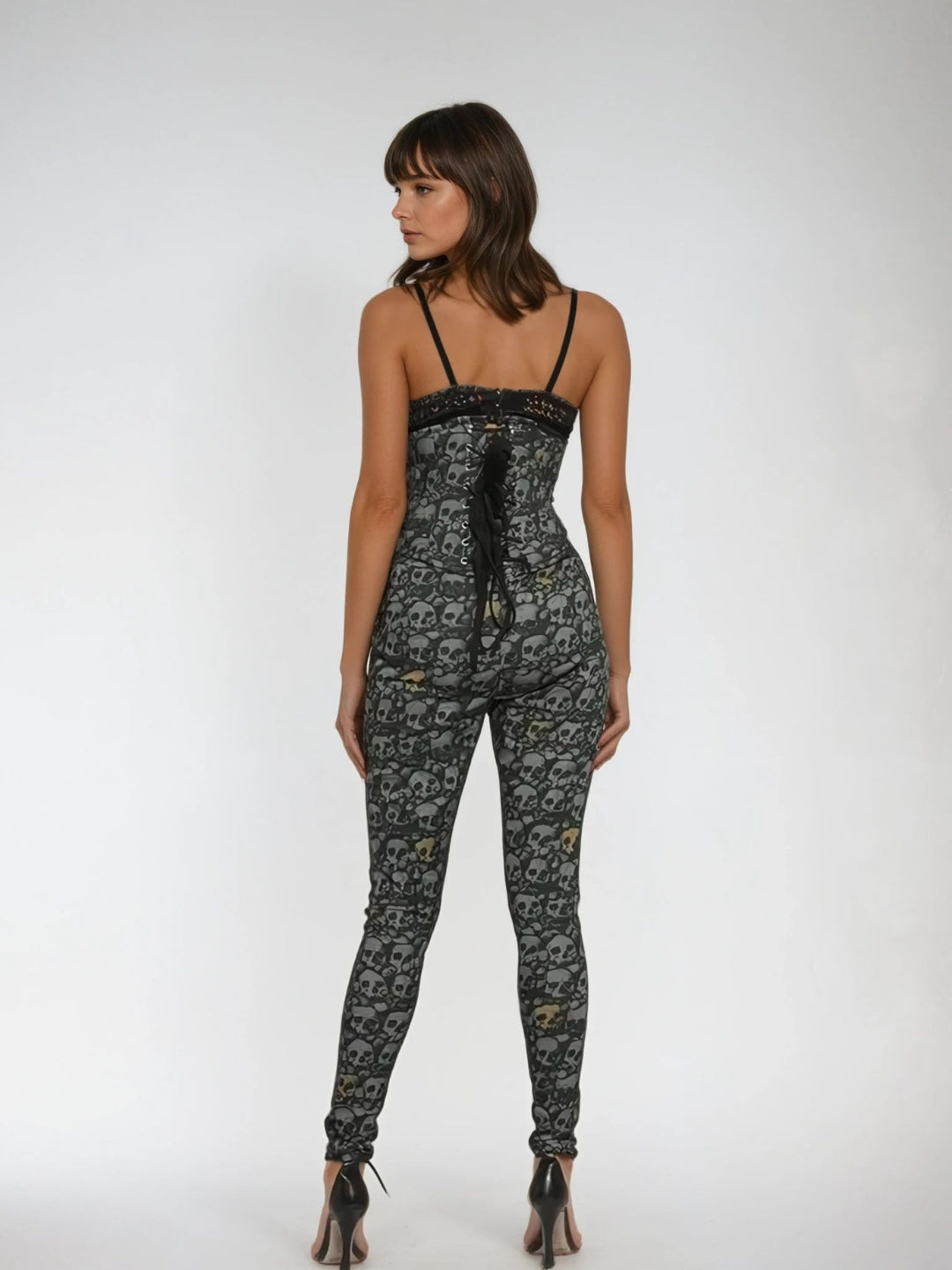 Grey Skull printed Waist Reducing Authentic Steel Boned Underbust Corset Dress