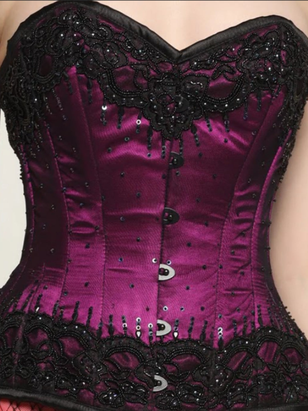 Black and Magenta Embroidered Overbust Corset