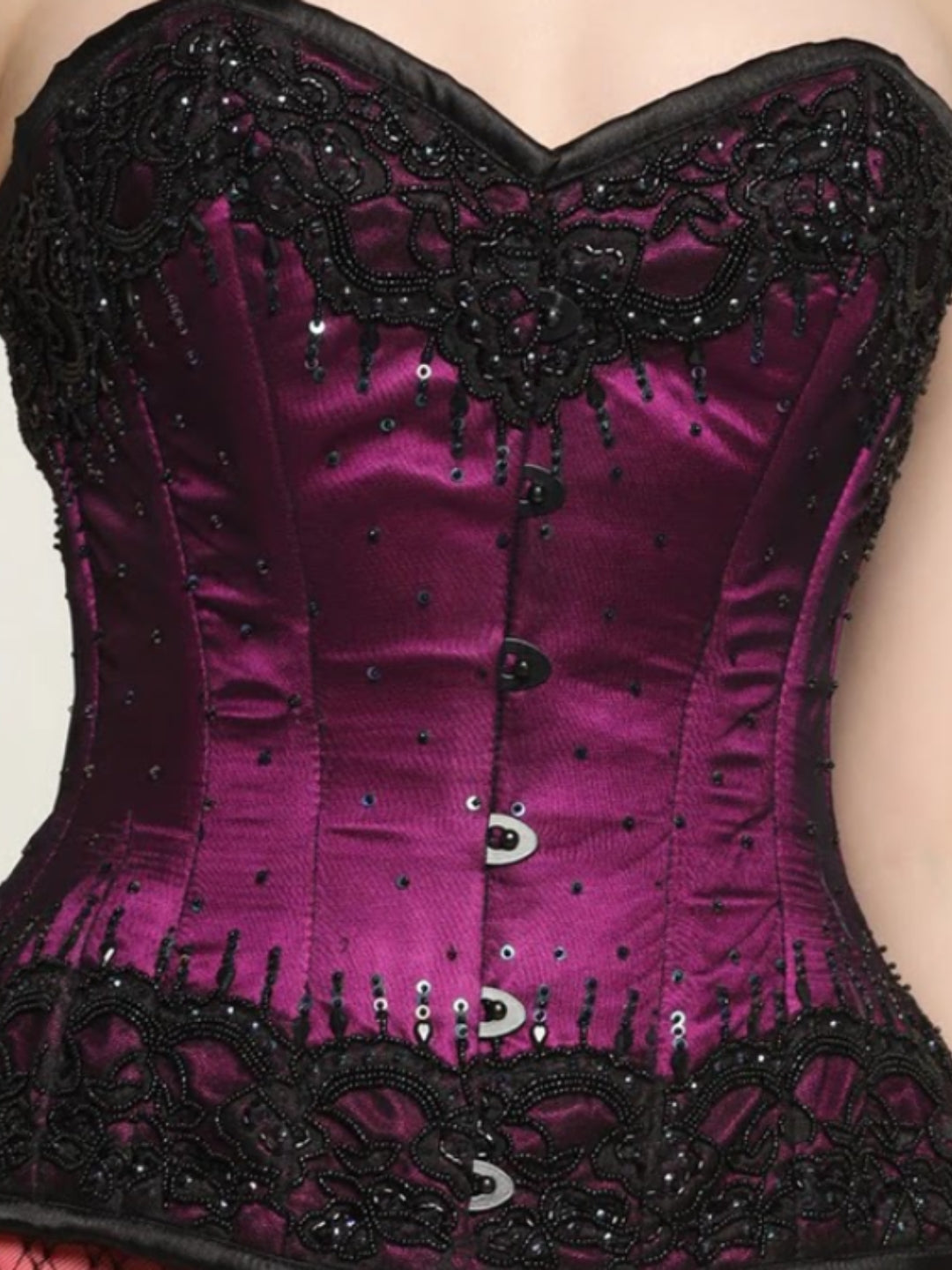 Black and Magenta Embroidered Overbust Corset)
