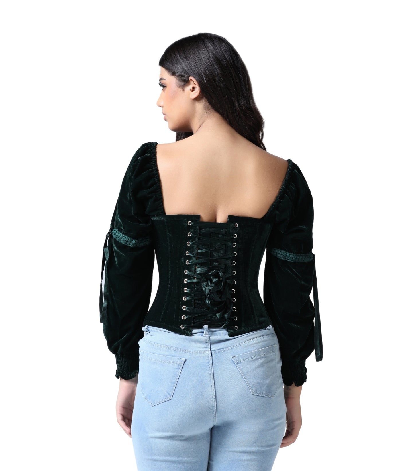 Off-Shoulder Green Velvet Corset Top