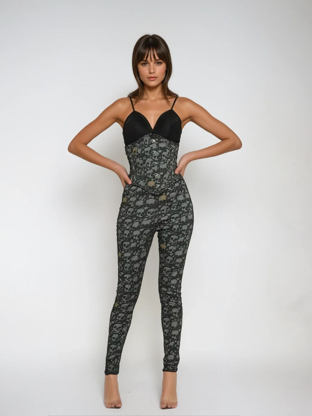 Grey Skull printed Waist Reducing Authentic Steel Boned Underbust Corset Dress