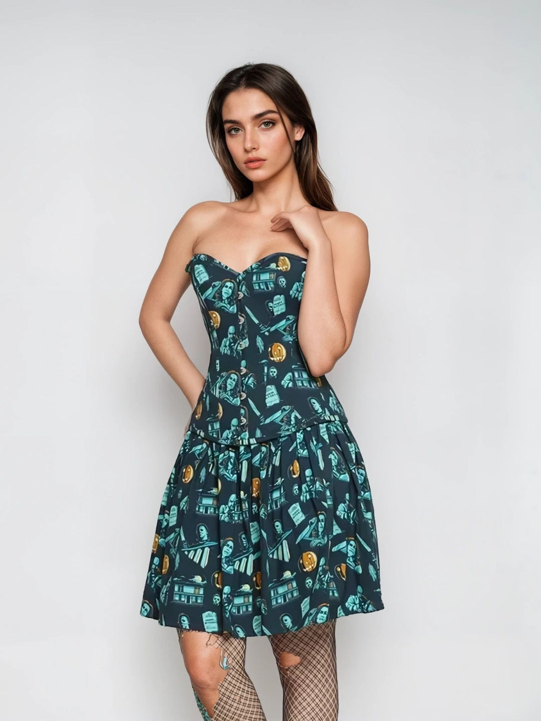 Printed Waist Reducing Overbust Corset Dress