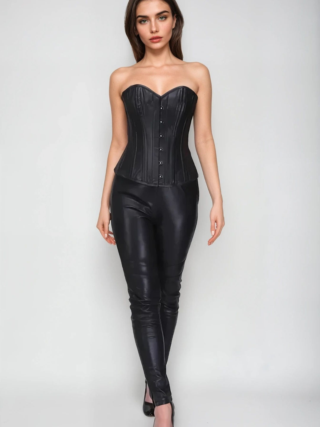 Genuine leather waist training overbust corset