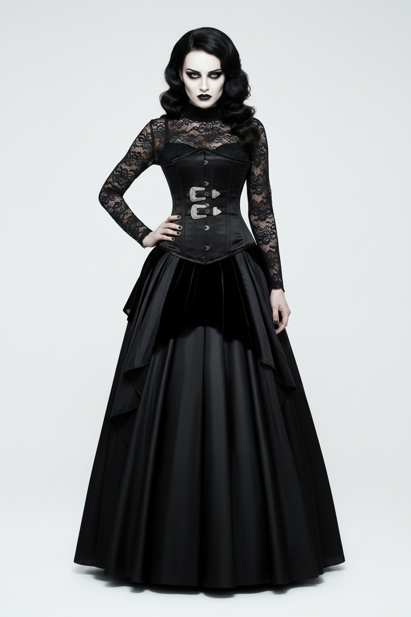 Black corset with silver buckles on a white background