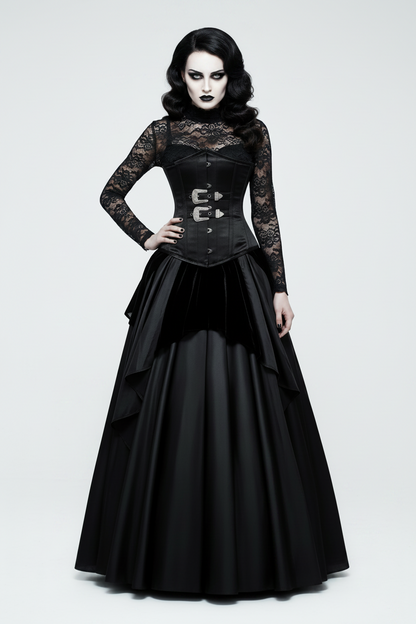 Black corset with silver buckles on a white background