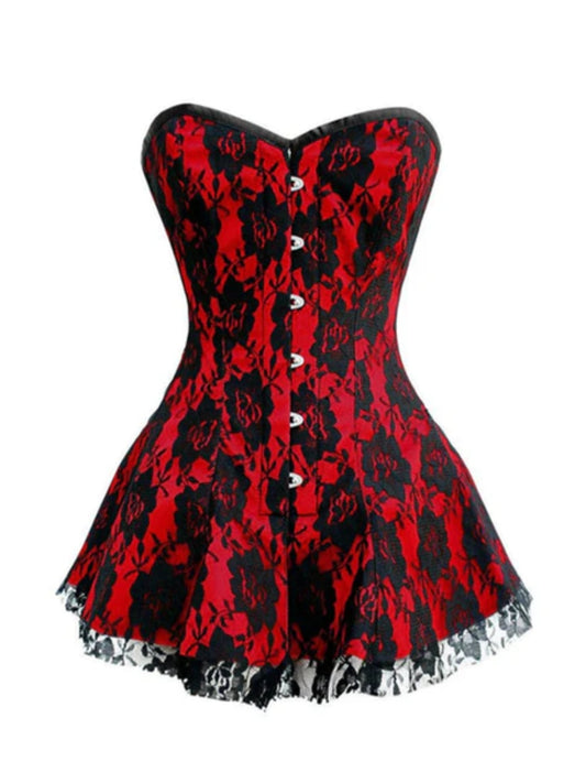 Sultry Red Satin Black Net Corset Dress