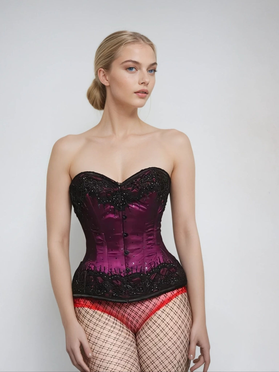 Black and Magenta Embroidered Overbust Corset
