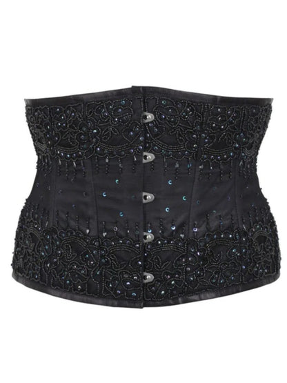 Black Satin Embroidered Waist Reducing Underbust Corset
