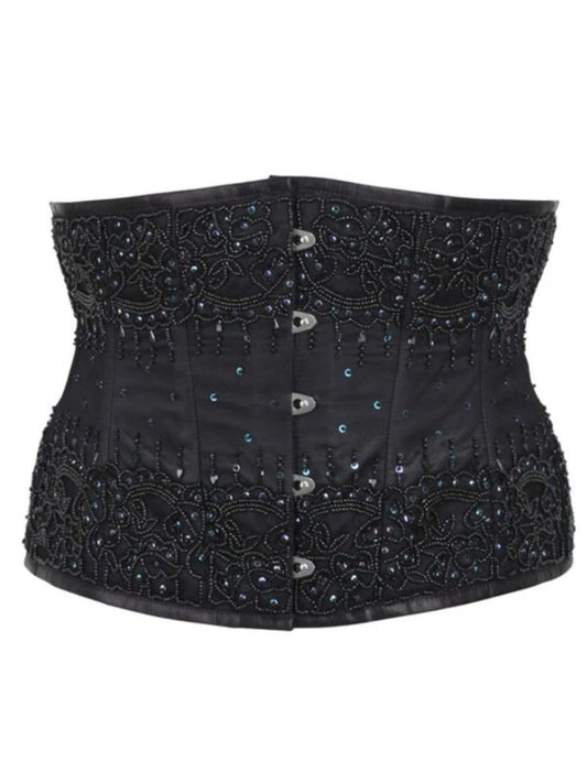 Black Satin Embroidered Waist Reducing Underbust Corset