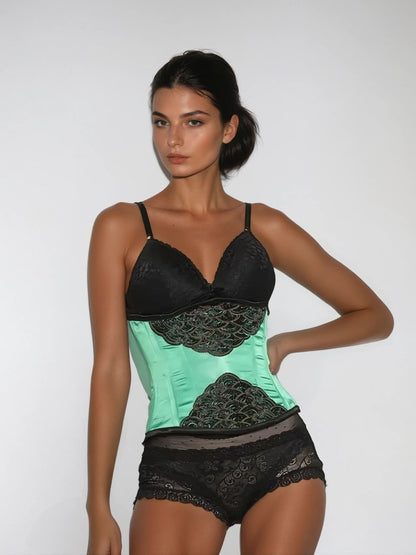Satin Green Black Embroidered Fish Scale Waist Reducing Underbust Corset