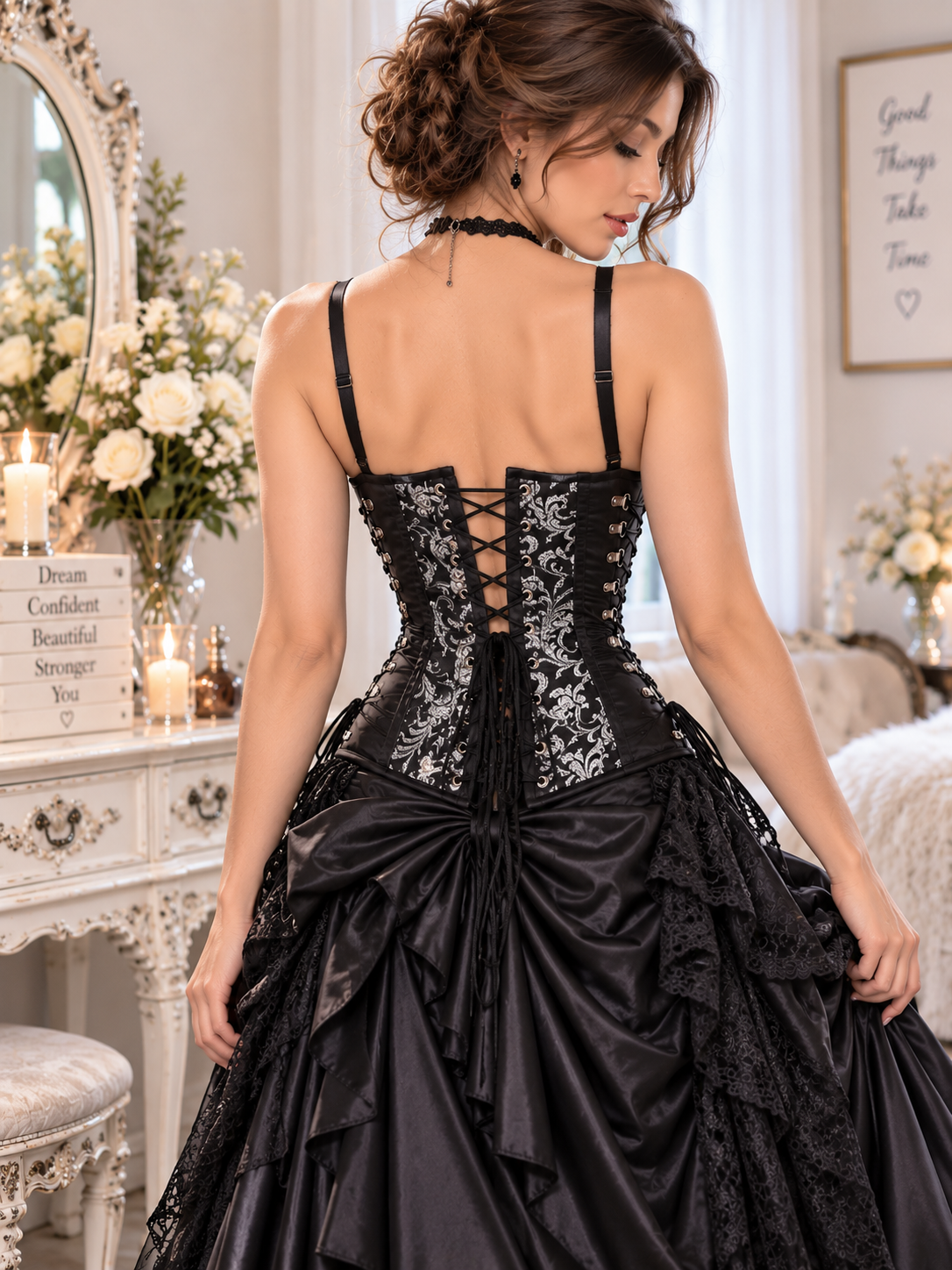 Black/Silver Brocade Waist Reducing Underbust Corset