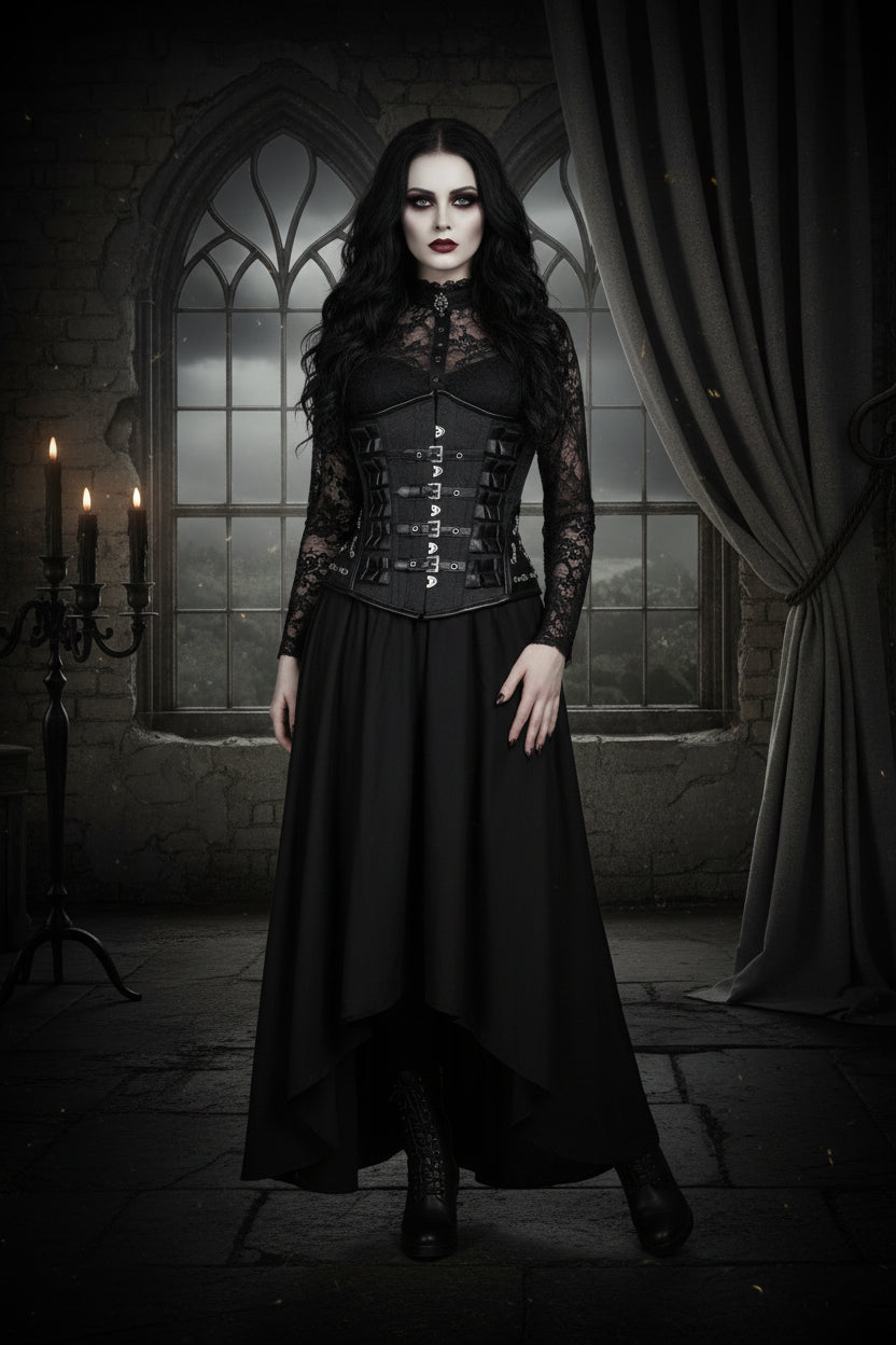 Black corset with metal buckles on a white background