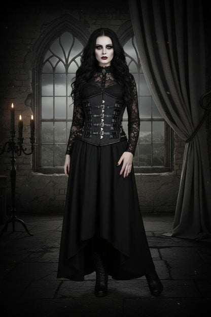 Black corset with metal buckles on a white background