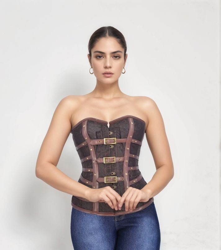 Brown Brocade & Leather Overbust Corset