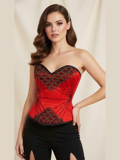 Fish Scale Embroidered Red Overbust Corset