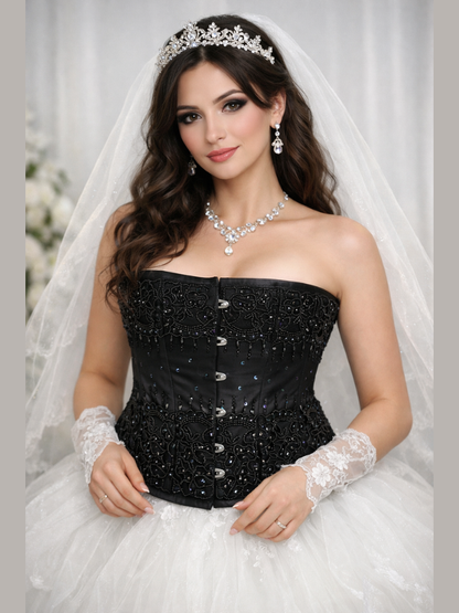 Black Satin Embroidered Waist Reducing Underbust Corset
