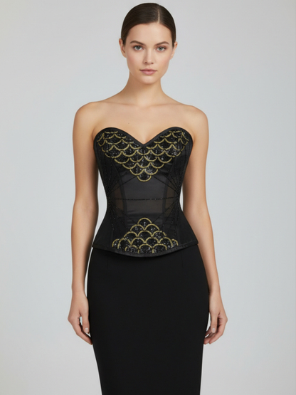 Fish Scales Beaded Black Overbust Corset