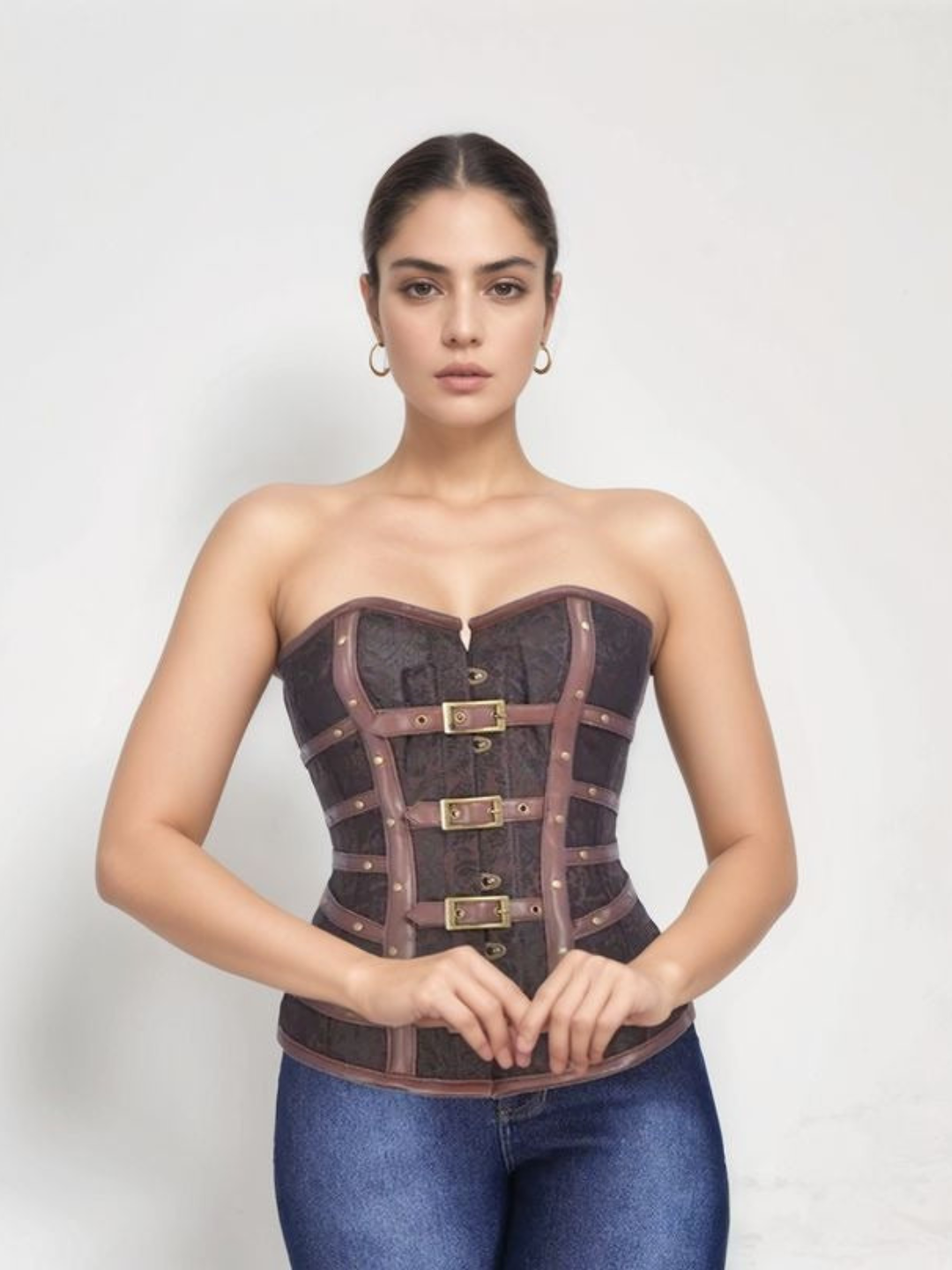 Brown Brocade & Leather Overbust Corset
