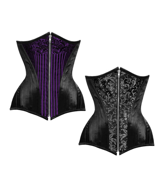 Black/Silver Brocade Authentic Steel Boned Waist Training Reversible Underbust Corset